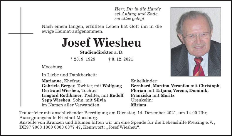 Traueranzeige Josef Wiesheu