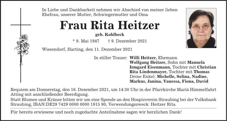 Traueranzeige Rita Heitzer