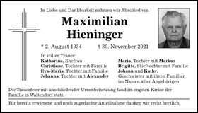 Traueranzeige Maximilian Hieninger