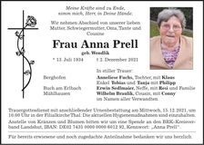 Traueranzeige Anna Prell