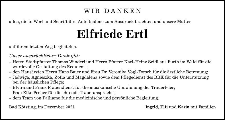Traueranzeige Elfriede Ertl