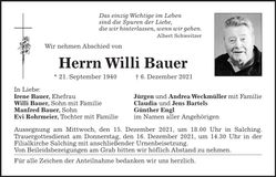 Traueranzeige Willi Bauer