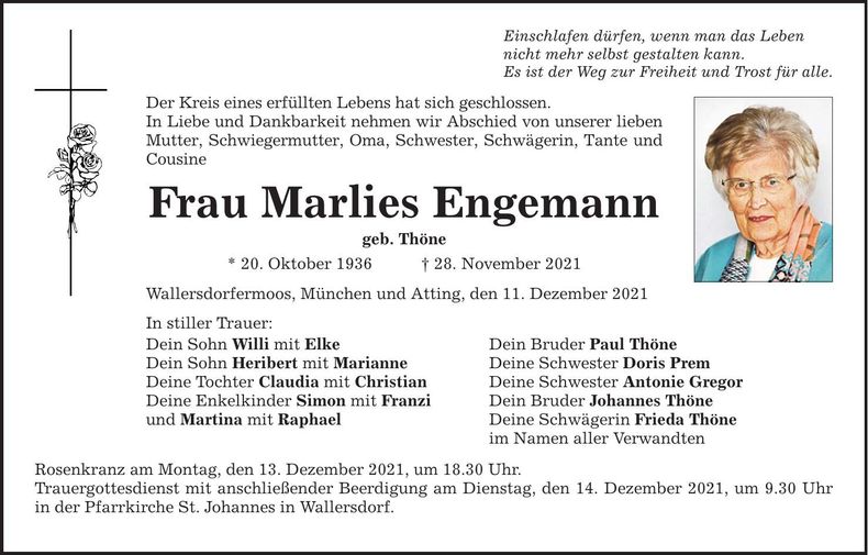 Traueranzeige Marlies Engemann
