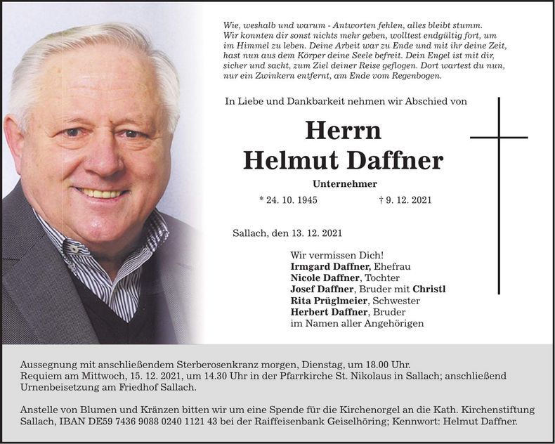 Traueranzeige Helmut Daffner