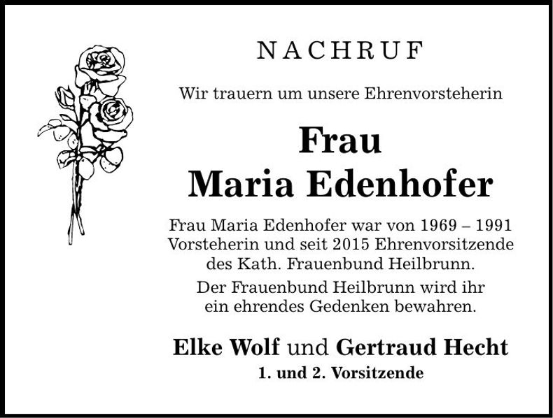 Traueranzeige Maria Edenhofer
