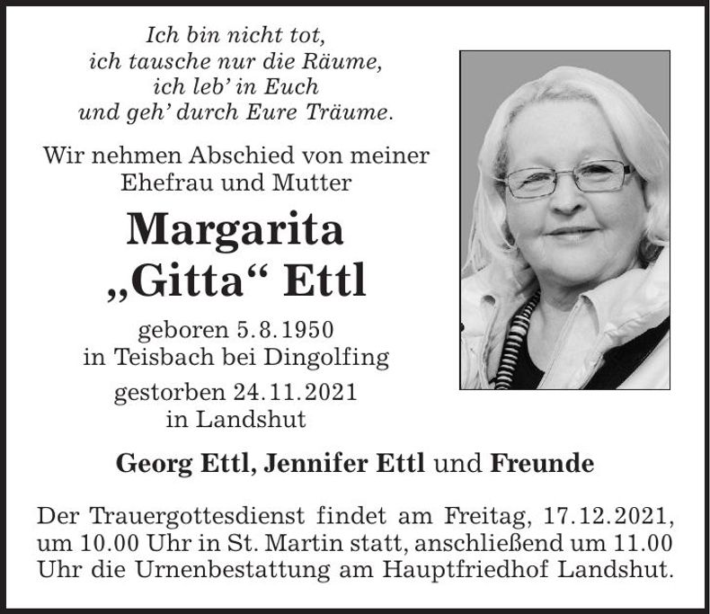 Traueranzeige Margarita Ettl