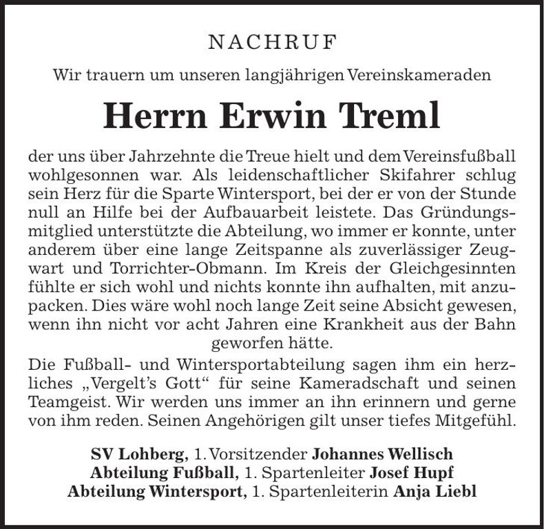Traueranzeige Erwin Treml