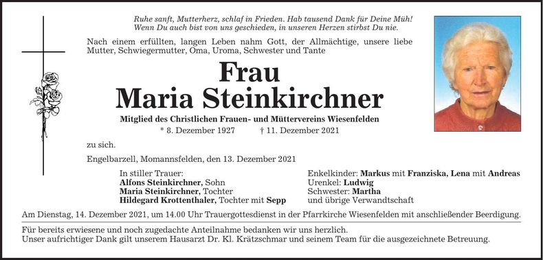 Traueranzeige Maria Steinkirchner