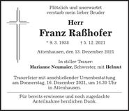 Traueranzeige Franz Raßhofer