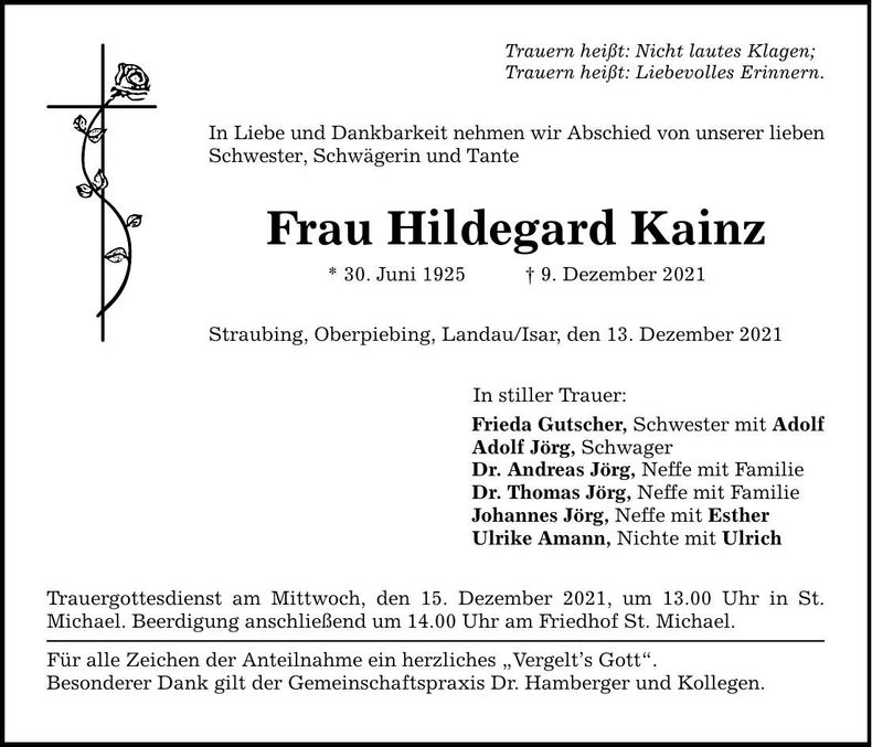 Traueranzeige Hildegard Kainz