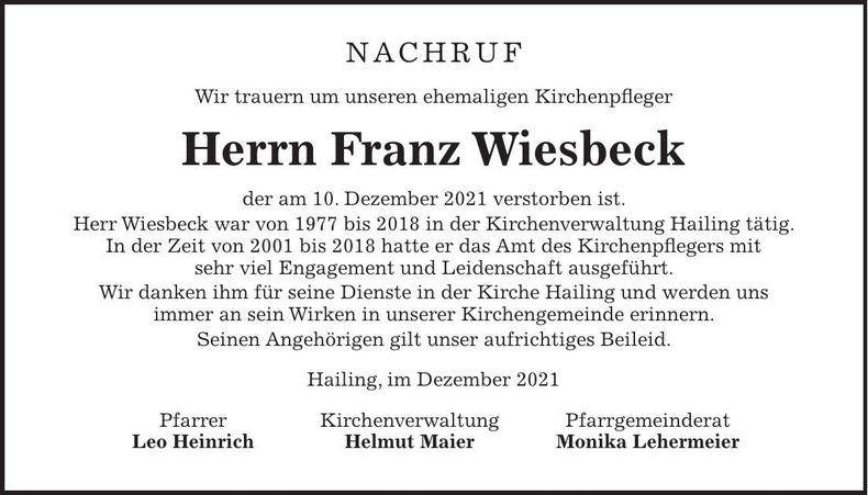 Traueranzeige Franz Wiesbeck