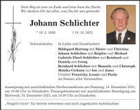 Traueranzeige Johann Schlichter