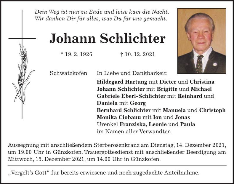 Traueranzeige Johann Schlichter