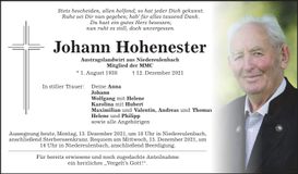Traueranzeige Johann Hohenester