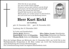 Traueranzeige Kurt Rickl