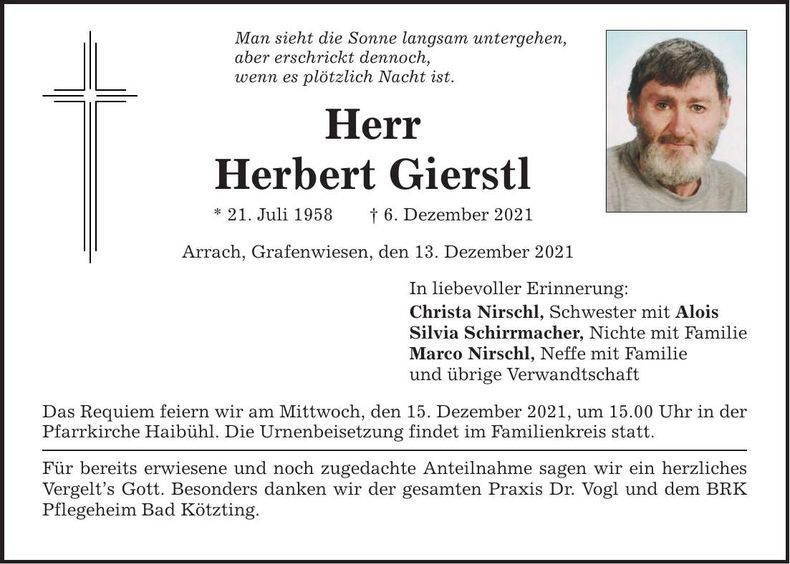 Traueranzeige Herbert Gierstl