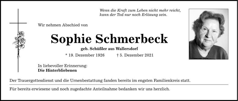 Traueranzeige Sophie Schmerbeck