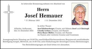 Traueranzeige Josef Hemauer