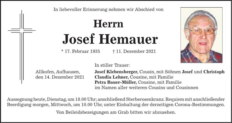 Traueranzeige Josef Hemauer