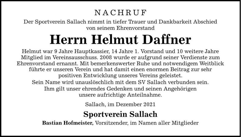 Traueranzeige Helmut Daffner