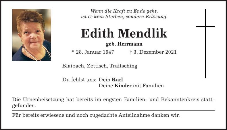 Traueranzeige Edith Mendlik