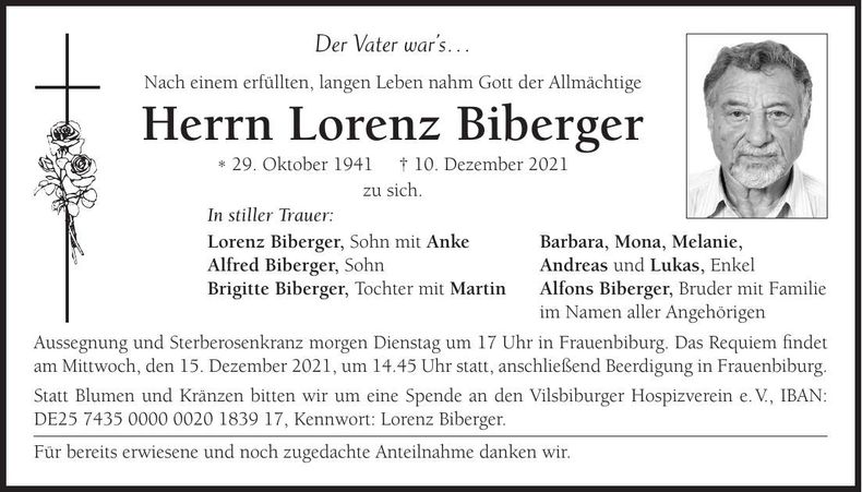 Traueranzeige Lorenz Biberger