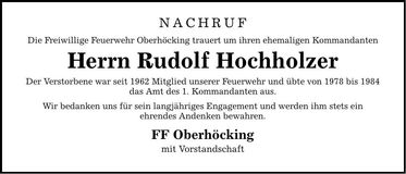 Traueranzeige Rudolf Hochholzer