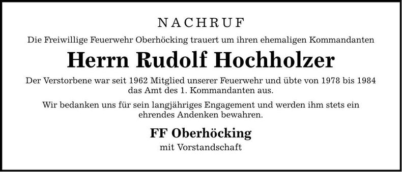 Traueranzeige Rudolf Hochholzer