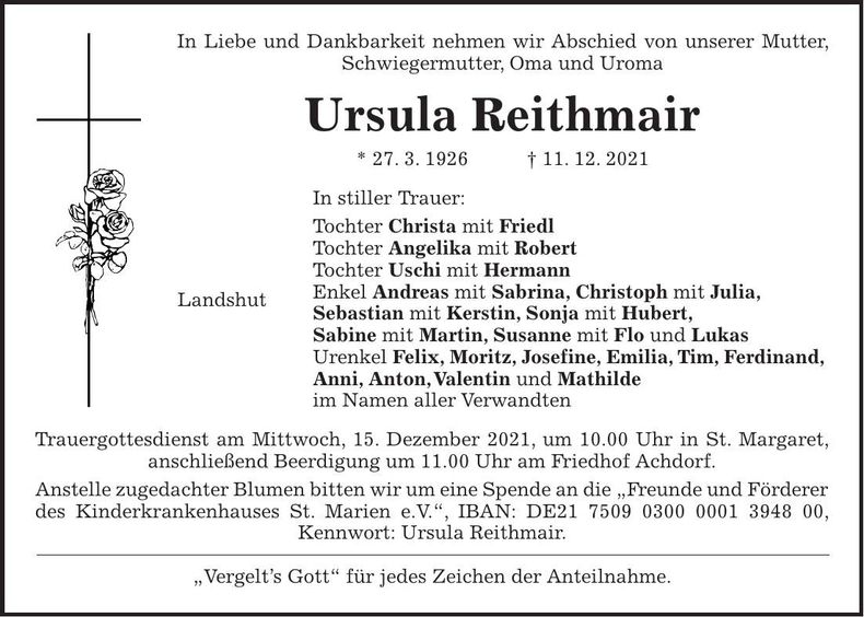 Traueranzeige Ursula Reithmair
