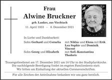 Traueranzeige Alwine Bruckner