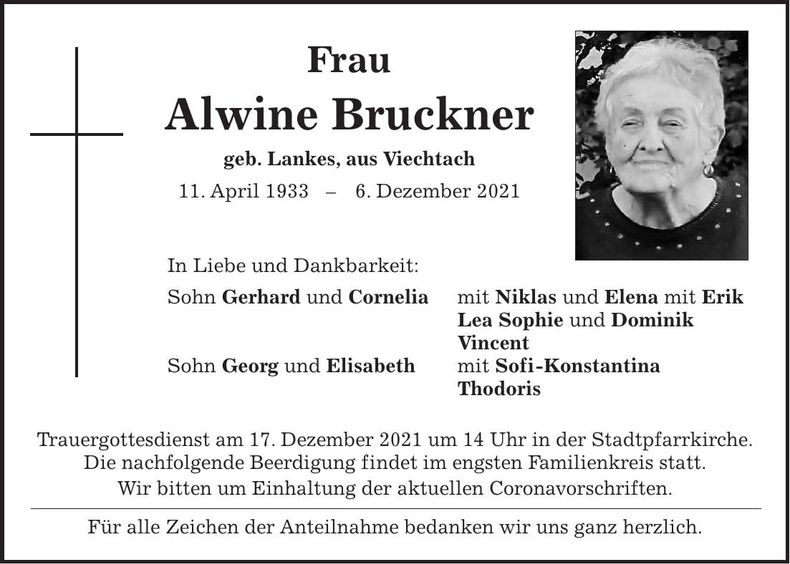 Traueranzeige Alwine Bruckner