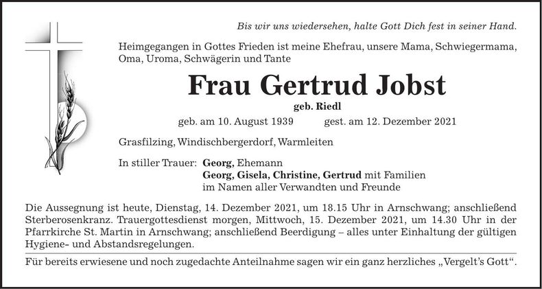 Traueranzeige Gertraud Jobst