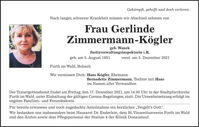 Traueranzeige Gerlinde Zimmermann-Kögler
