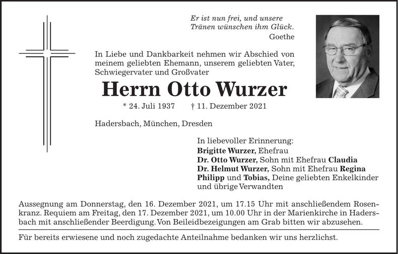 Traueranzeige Otto Wurzer