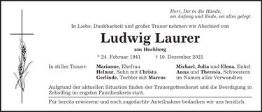 Traueranzeige Ludwig Laurer