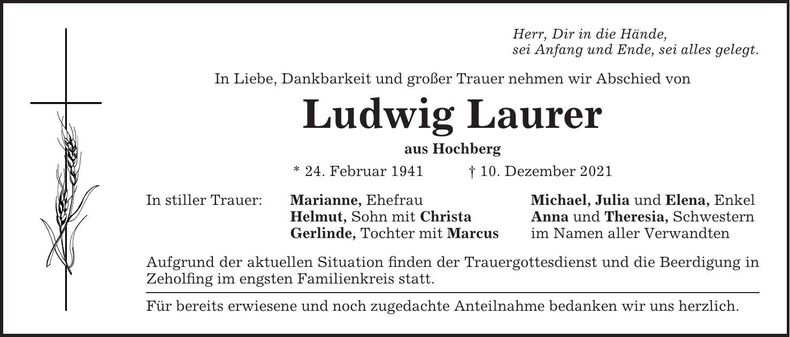 Traueranzeige Ludwig Laurer