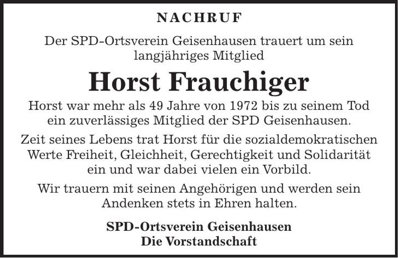 Traueranzeige Horst Frauchinger