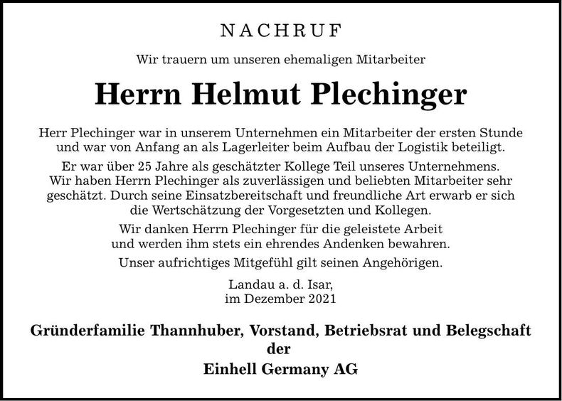 Traueranzeige Helmut Plechinger
