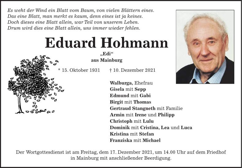 Traueranzeige Eduard Hohmann