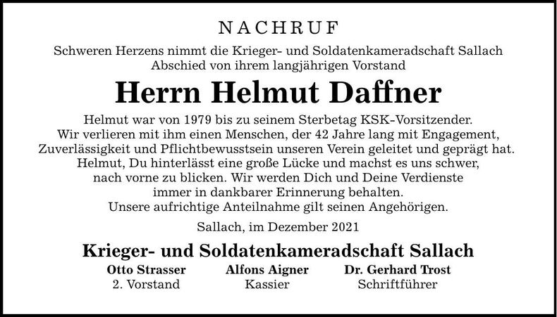 Traueranzeige Helmut Daffner