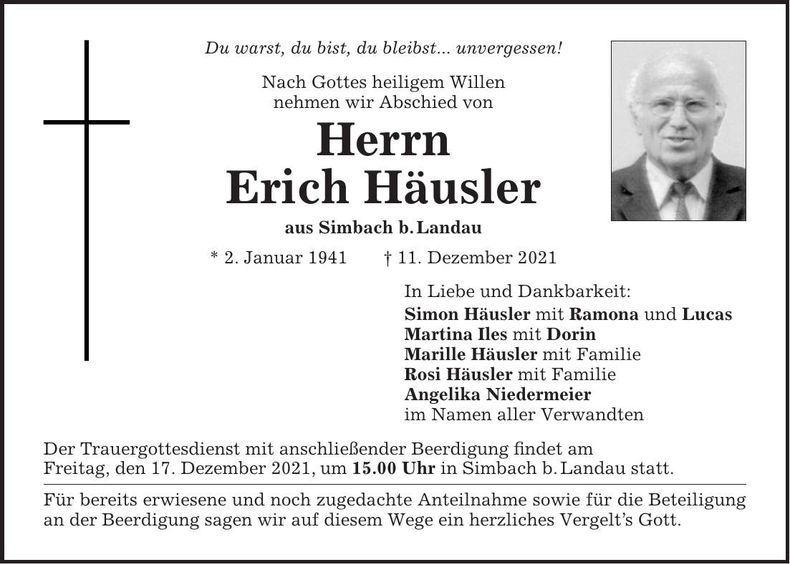 Traueranzeige Erich Häusler