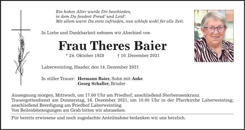 Traueranzeige Therese Baier