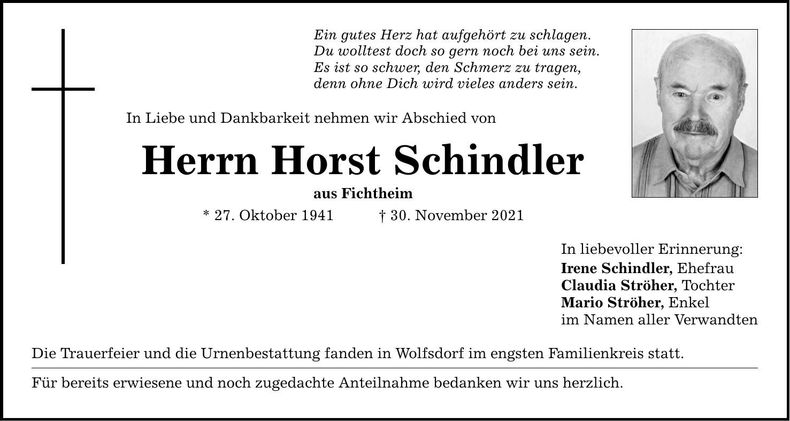 Traueranzeige Horst Schindler