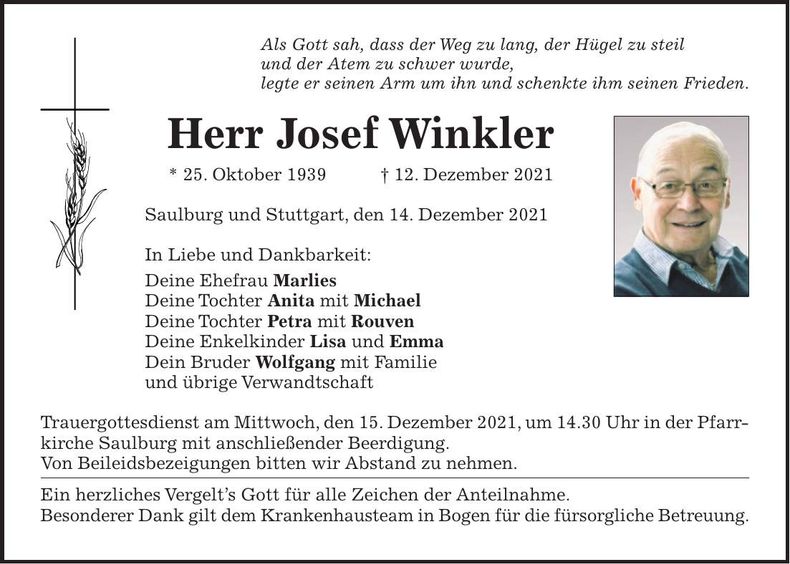 Traueranzeige Josef Winkler