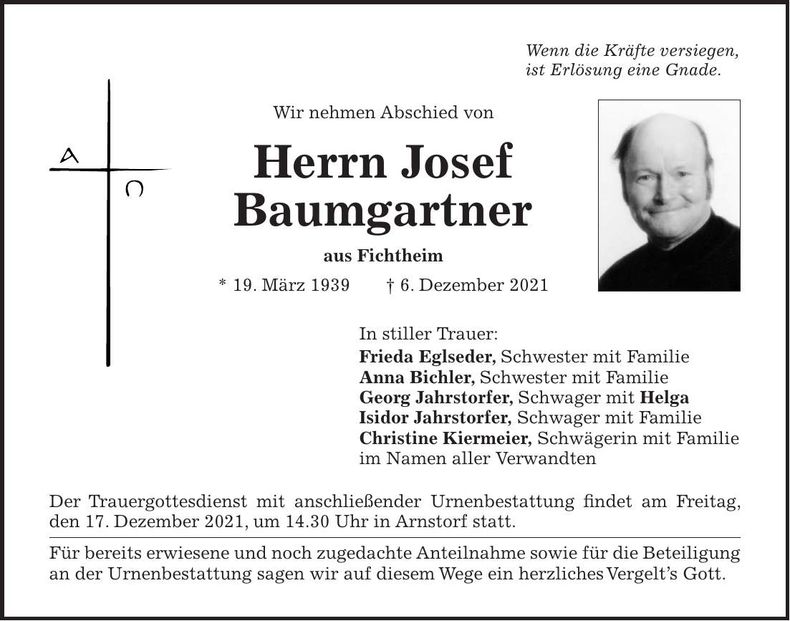 Traueranzeige Josef Baumgartner