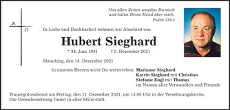 Traueranzeige Hubert Sieghard