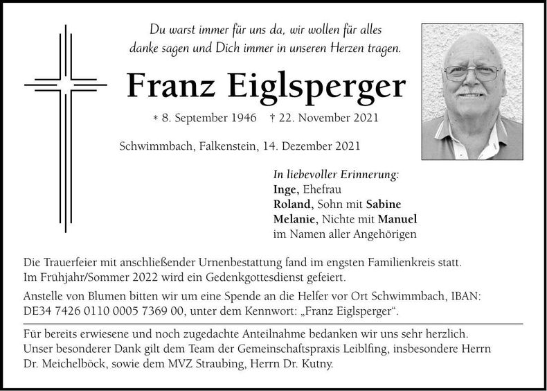 Traueranzeige Franz Eiglsperger