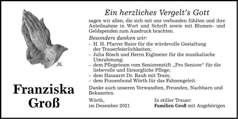 Traueranzeige Franziska Groß