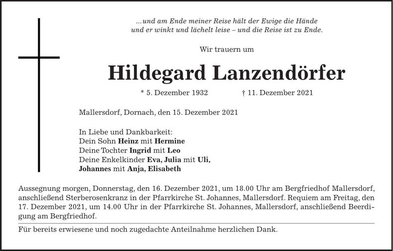 Traueranzeige Hildegard Lanzendörfer