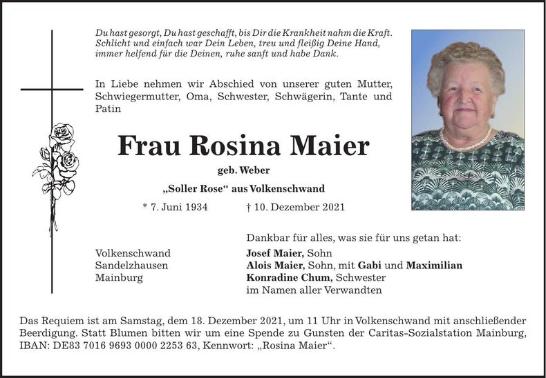Traueranzeige Rosina Maier